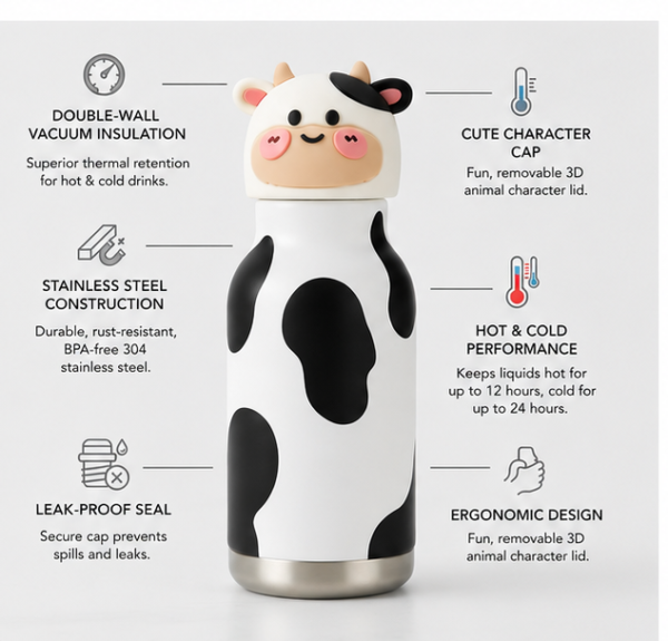 Leakproof Drinking Bottle for School 480ml Stainless Steel Cow Water Bottle for Kids | Cute 3D Animal Design Drinking Bottle for School, Travel & Daily Use