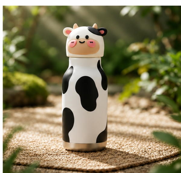 Stainless Steel bottle 480ml Stainless Steel Cow Water Bottle for Kids | Cute 3D Animal Design Drinking Bottle for School, Travel & Daily Use