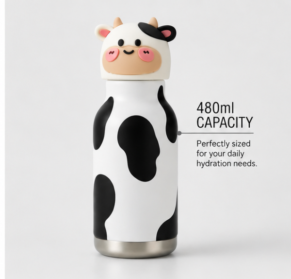 Travel Water Bottle 480ml Stainless Steel Cow Water Bottle for Kids | Cute 3D Animal Design Drinking Bottle for School, Travel & Daily Use